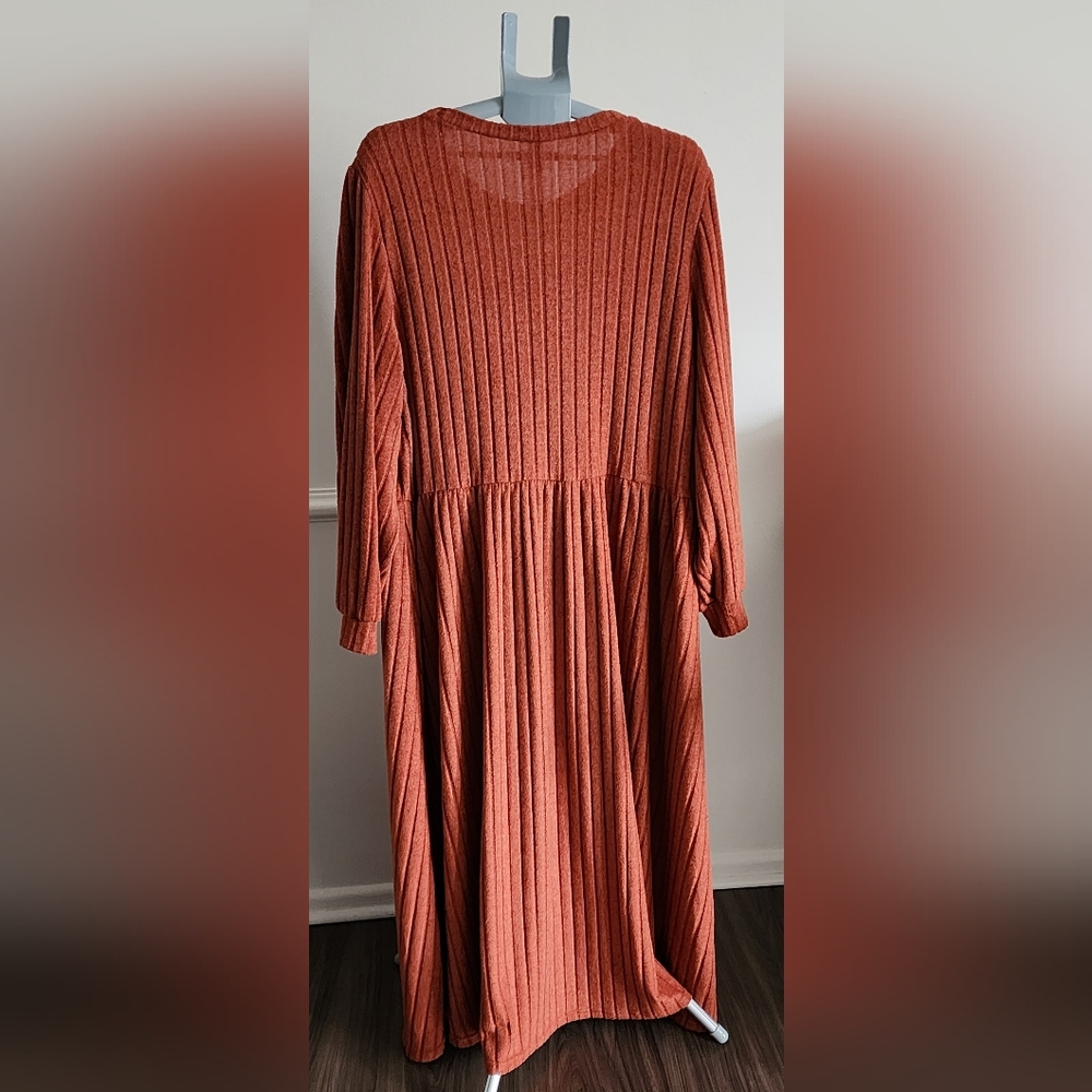 Rust Orange Ribbed Long Sleeve Women's Dress - Picture 2 of 3